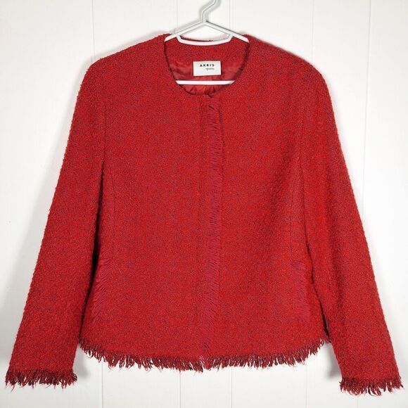 Akris Punto Chunky Tweed Short Jacket Fringe Trim Boucle Zip Pockets Red Size 10 - Picture 1 of 9